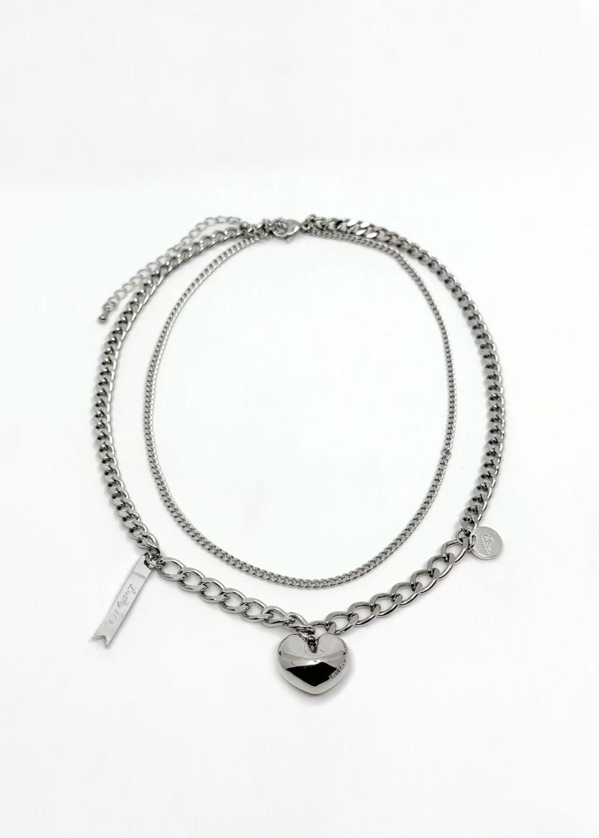 002. Lucky Me — 18K White Gold Plated Double Chain Fortune Cookie Heart Necklace