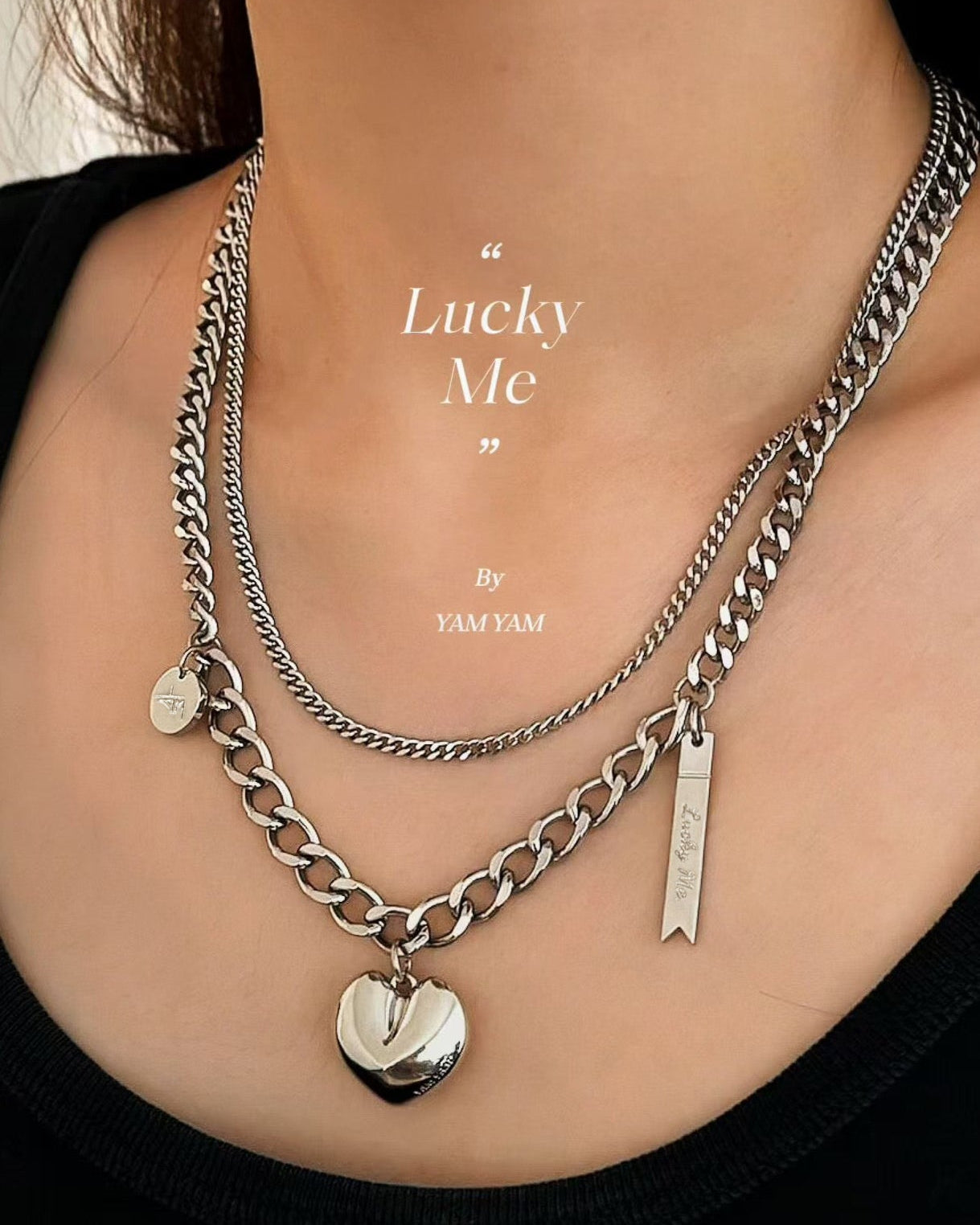 002. Lucky Me — 18K White Gold Plated Double Chain Fortune Cookie Heart Necklace