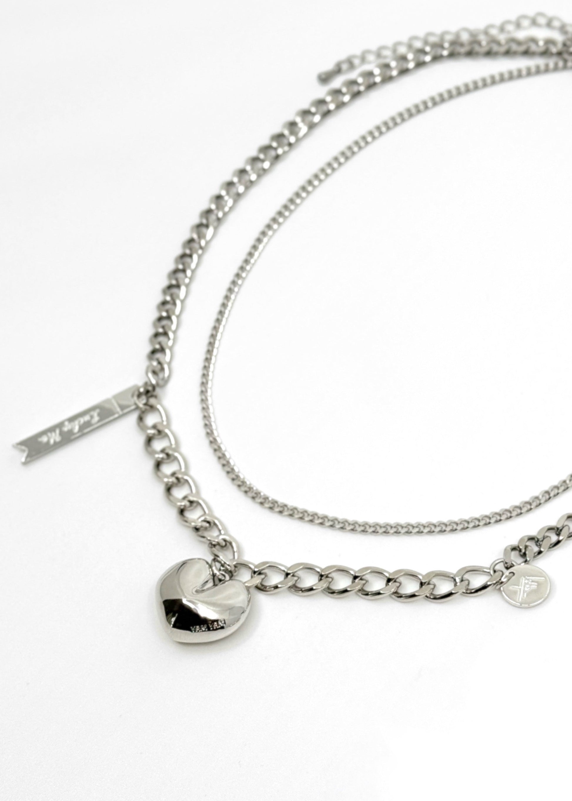 002. Lucky Me — 18K White Gold Plated Double Chain Fortune Cookie Heart Necklace