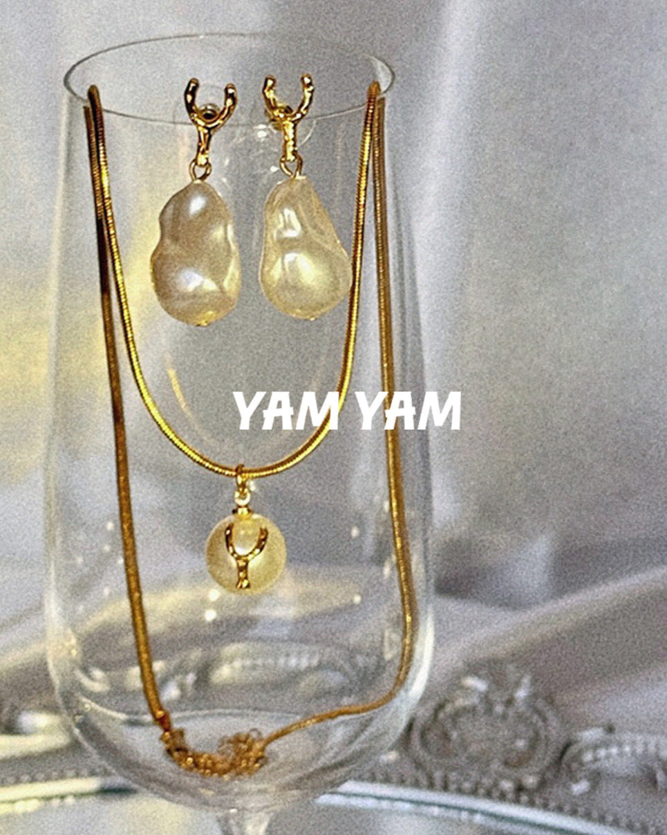 005. Golden Wish — 18K Gold Plated Wishbone Baroque Pearl Earrings